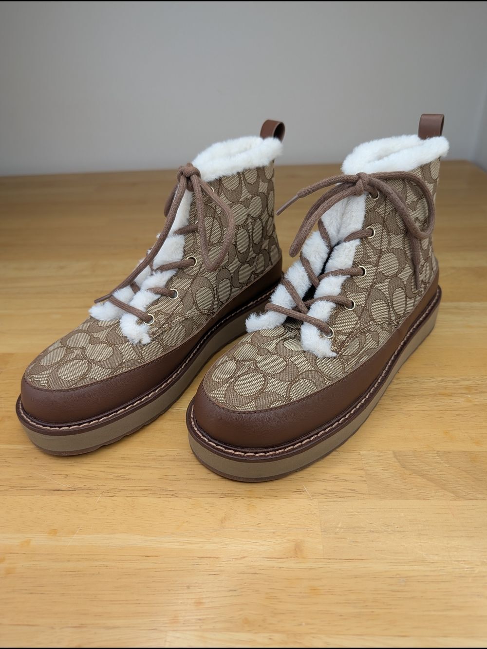 Coach Imani Signature Jacquard Canvas Shearling-Lined Ankle Boots Brown Size 9.5